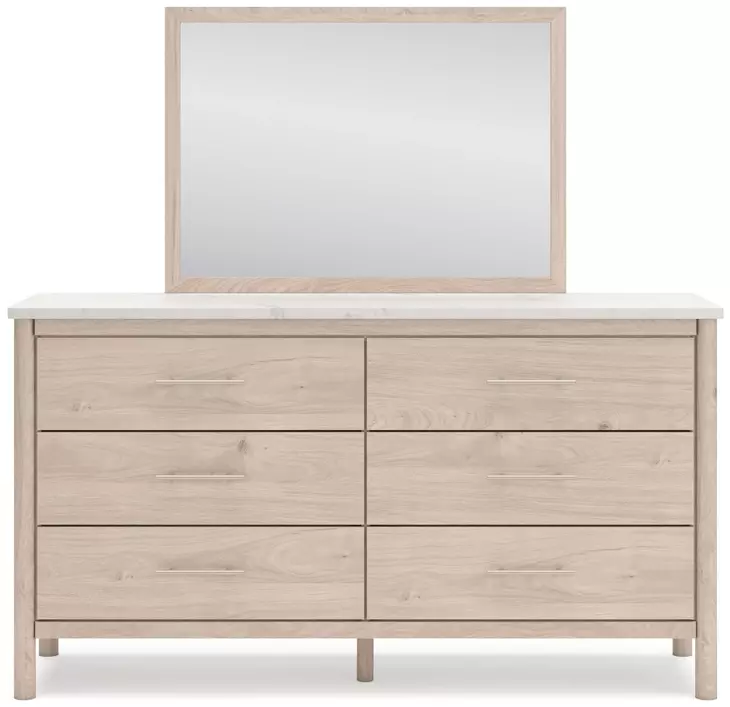 Cadmori Champagne and White 6 Drawer Marble Top Dresser and Rectangular Mirror