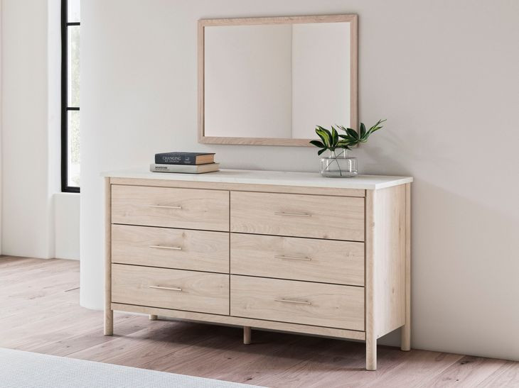 Cadmori Champagne and White 6 Drawer Marble Top Dresser and Rectangular Mirror