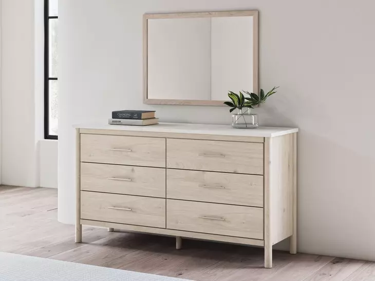Cadmori Champagne and White 6 Drawer Marble Top Dresser and Rectangular Mirror