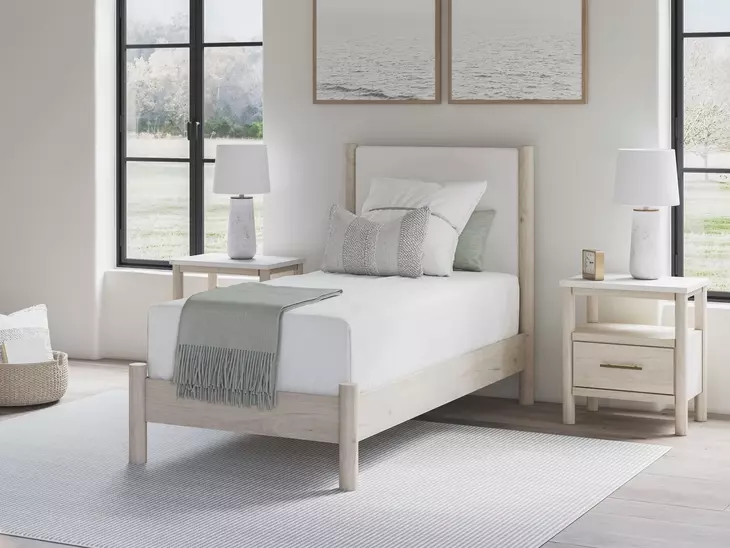 Cadmori Tan And White Twin Upholstered Panel Bed