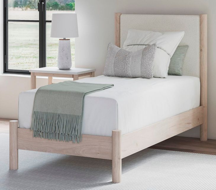 Cadmori Tan And White Twin Upholstered Panel Bed