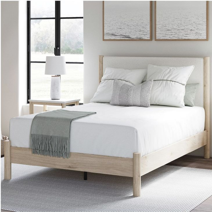 Cadmori Tan And White Queen Upholstered Panel Bed