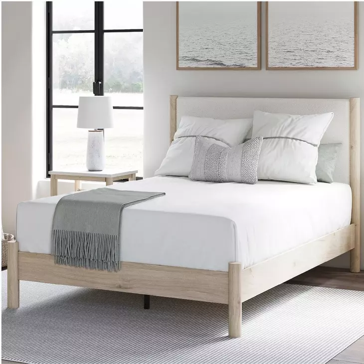 Cadmori Tan And White Queen Upholstered Panel Bed