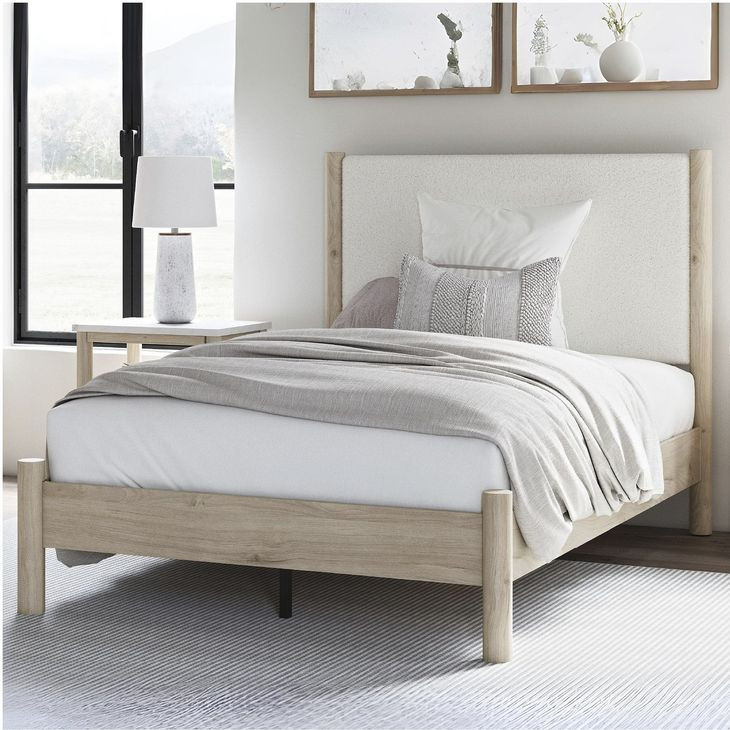 Cadmori Tan And White Full Upholstered Panel Bed
