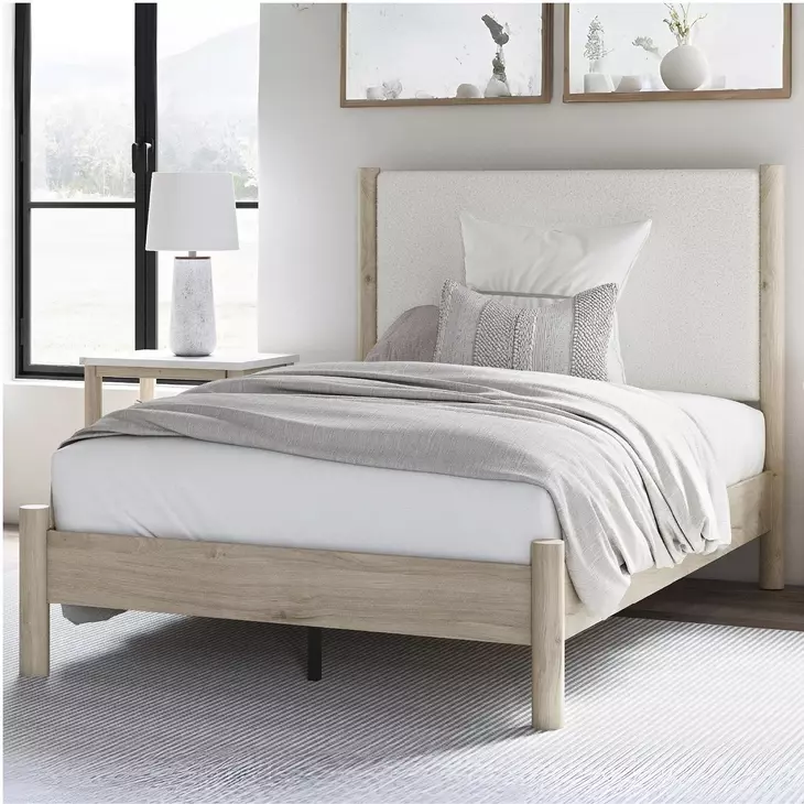 Cadmori Tan And White Full Upholstered Panel Bed