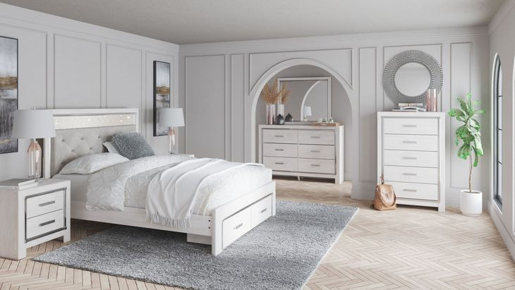 Altyra White and Gray Upholstered Storage Panel Bedroom Set with LED