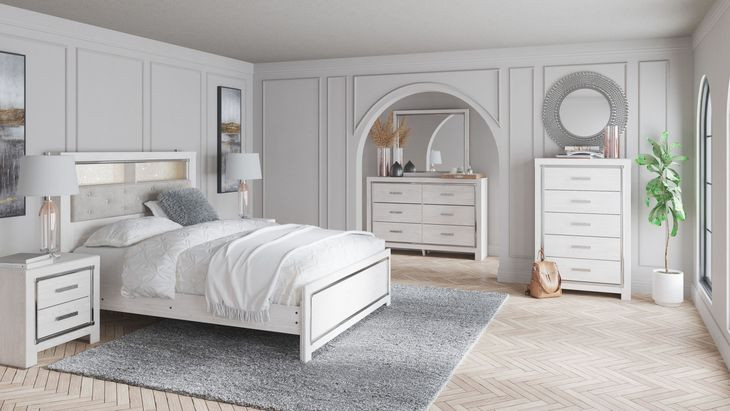 Altyra White and Gray Upholstered Bookcase Panel Bedroom Set with LED