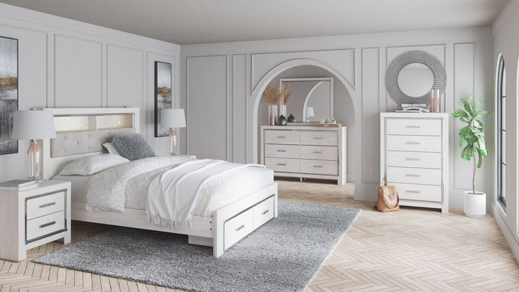Altyra White and Gray Upholstered Bookcase Storage Bedroom Set with LED