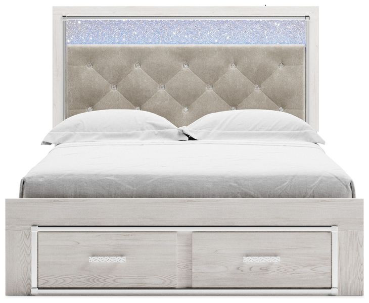 Altyra White and Gray Queen Upholstered Storage Panel Bed with LED