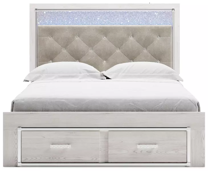 Altyra White and Gray Queen Upholstered Storage Panel Bed with LED