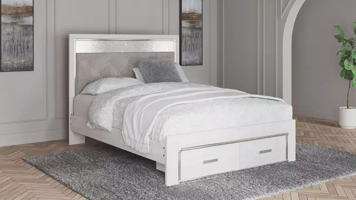 Altyra White and Gray Queen Upholstered Storage Panel Bed with LED