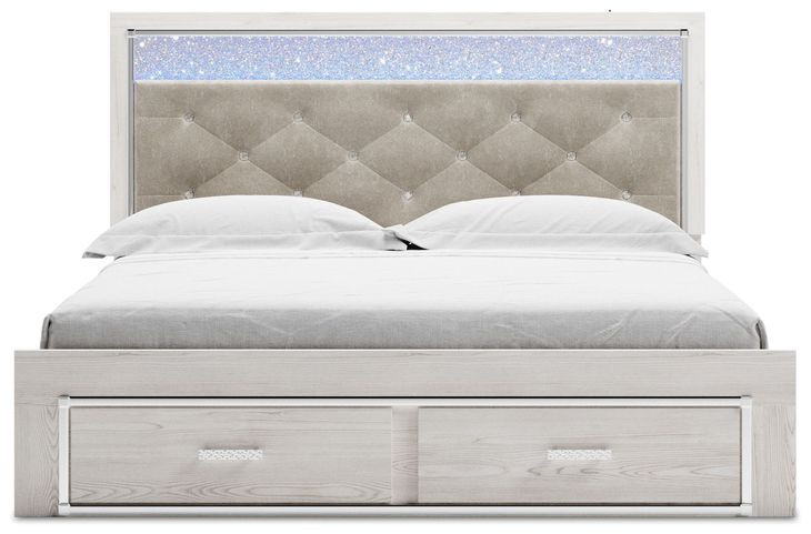Altyra White and Gray King Upholstered Storage Panel Bed with LED
