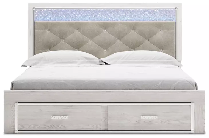 Altyra White and Gray King Upholstered Storage Panel Bed with LED