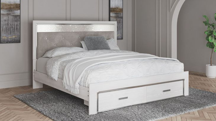 Altyra White and Gray King Upholstered Storage Panel Bed with LED