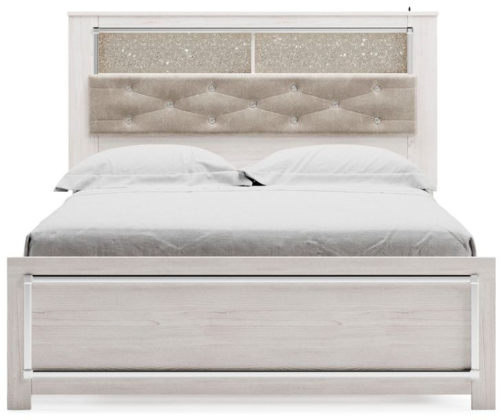 Altyra White and Gray Queen Upholstered Bookcase Panel Bed with LED
