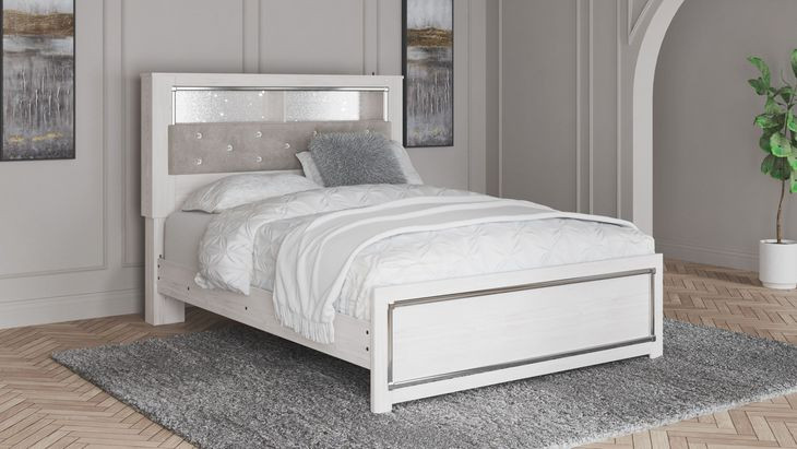 Altyra White and Gray Upholstered Bookcase Panel Bedroom Set with LED
