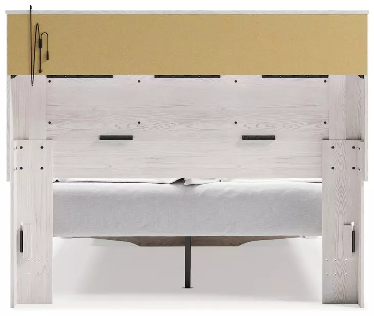 Altyra White and Gray Queen Upholstered Bookcase Storage Bed with LED