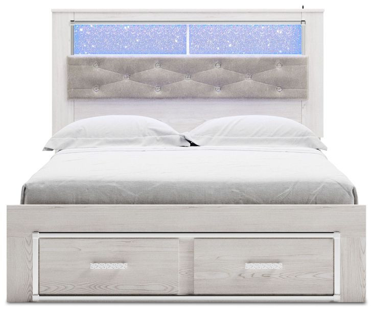 Altyra White and Gray Queen Upholstered Bookcase Storage Bed with LED