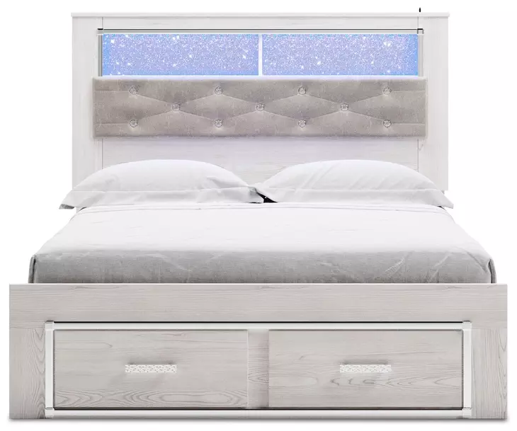 Altyra White and Gray Queen Upholstered Bookcase Storage Bed with LED