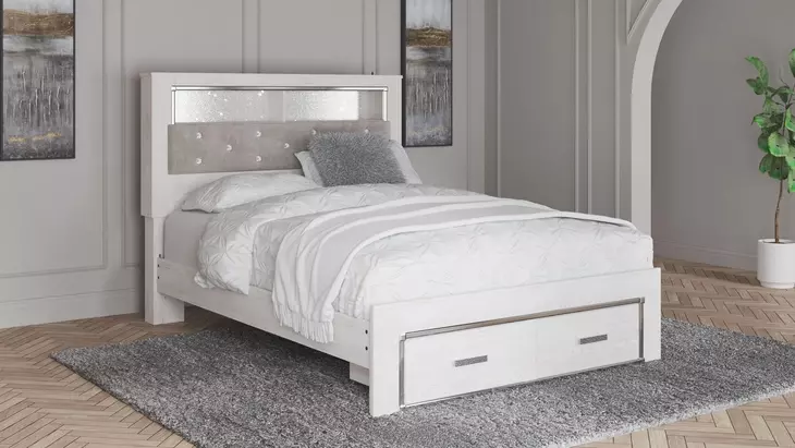 Altyra White and Gray Upholstered Bookcase Storage Bedroom Set with LED