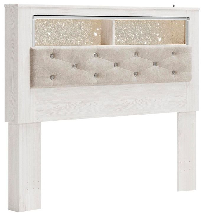 Altyra White and Gray Queen Upholstered Panel Bookcase Headboard with LED