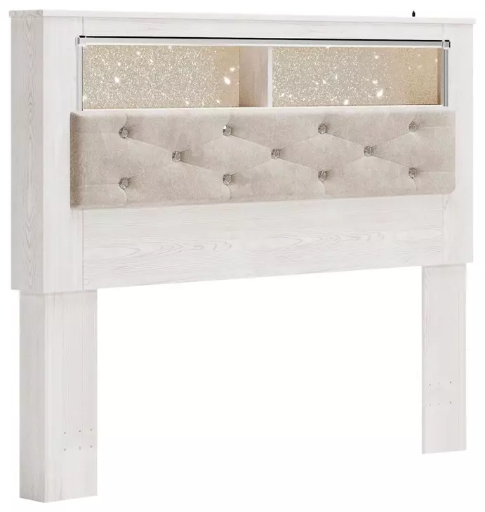 Altyra White and Gray Queen Upholstered Panel Bookcase Headboard with LED