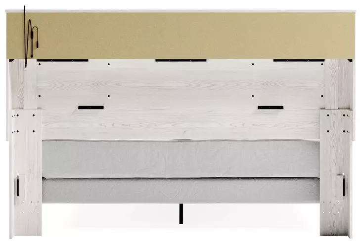 Altyra White and Gray King Upholstered Bookcase Panel Bed with LED
