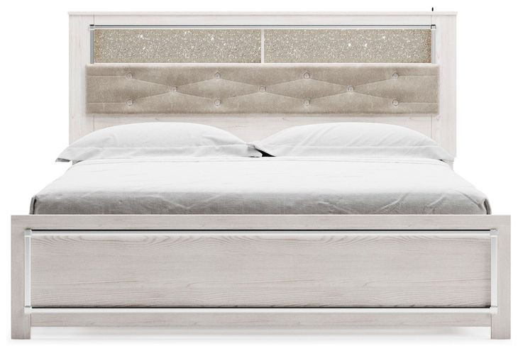 Altyra White and Gray King Upholstered Bookcase Panel Bed with LED