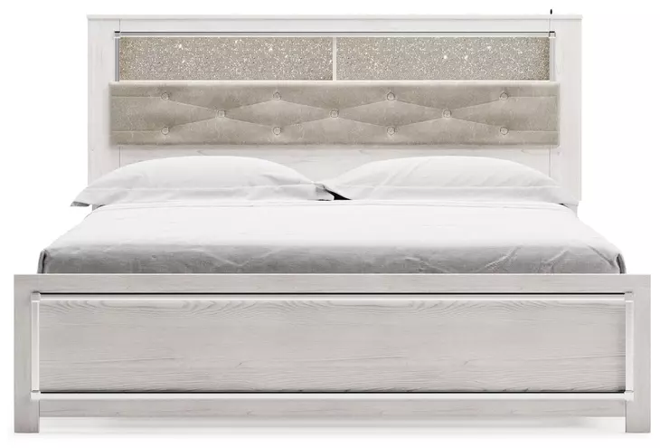 Altyra White and Gray King Upholstered Bookcase Panel Bed with LED