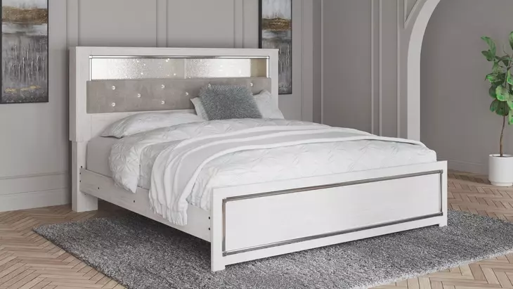 Altyra White and Gray King Upholstered Bookcase Panel Bed with LED