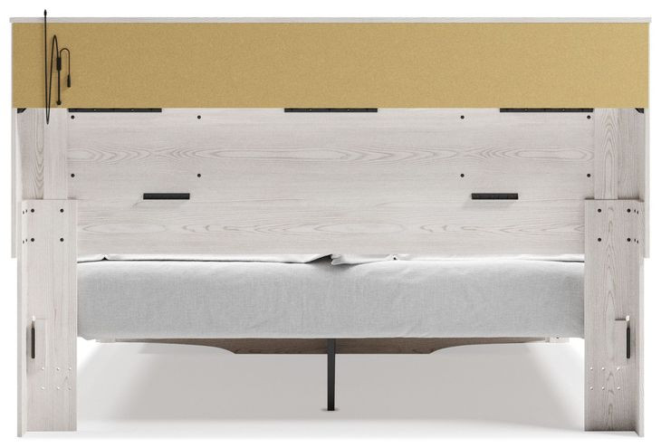 Altyra White and Gray King Upholstered Bookcase Storage Bed with LED