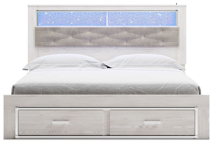 Altyra White and Gray King Upholstered Bookcase Storage Bed with LED