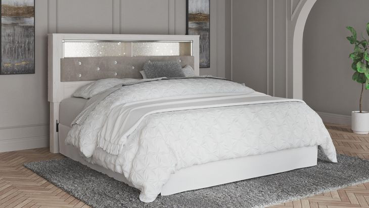 Altyra White and Gray King Upholstered Panel Bookcase Headboard with LED