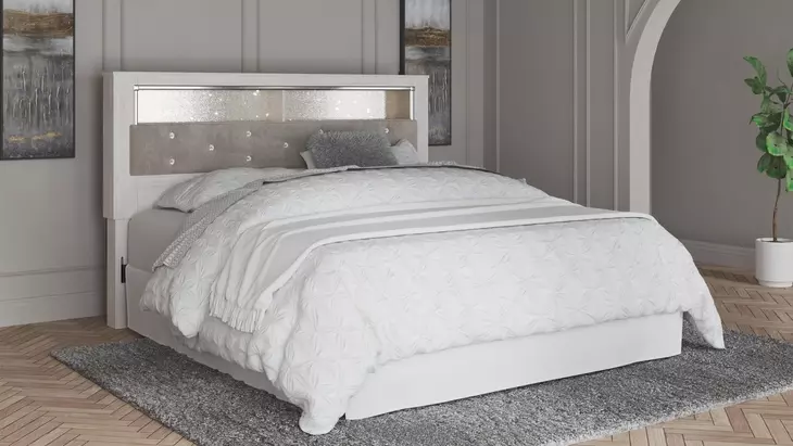 Altyra White and Gray King Upholstered Panel Bookcase Headboard with LED