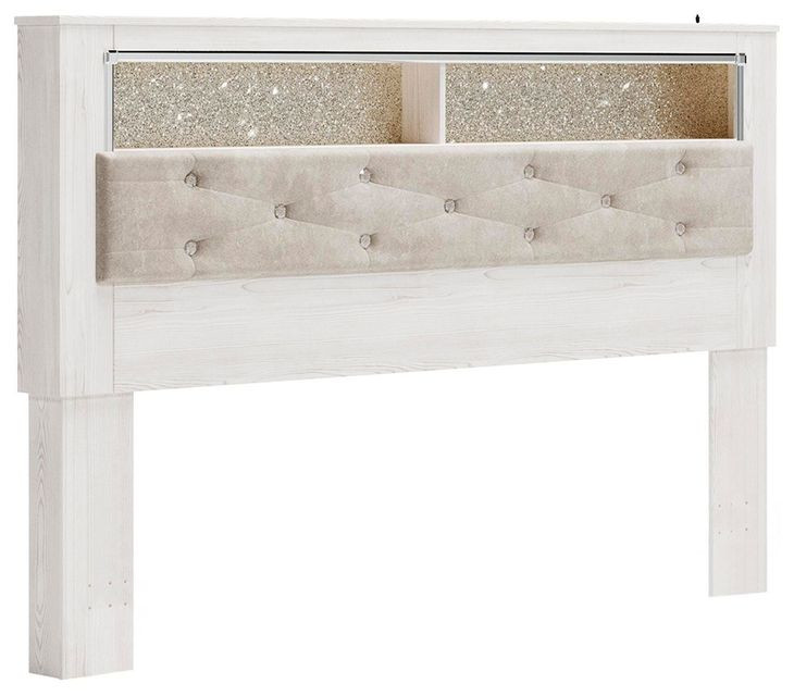 Altyra White and Gray King Upholstered Panel Bookcase Headboard with LED