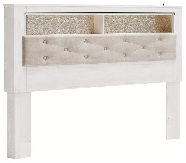 Altyra White and Gray King Upholstered Panel Bookcase Headboard with LED