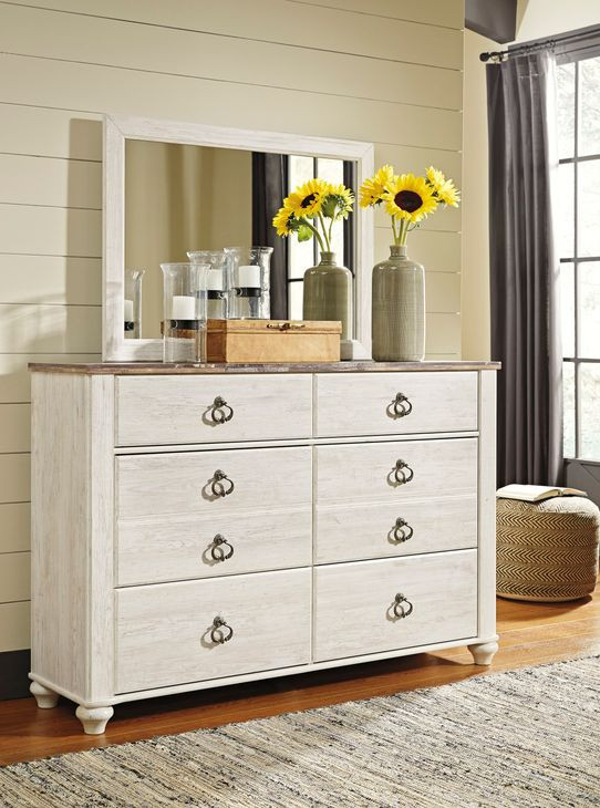 Willowton Whitewash 6 Drawer Dresser and Rectangular Mirror