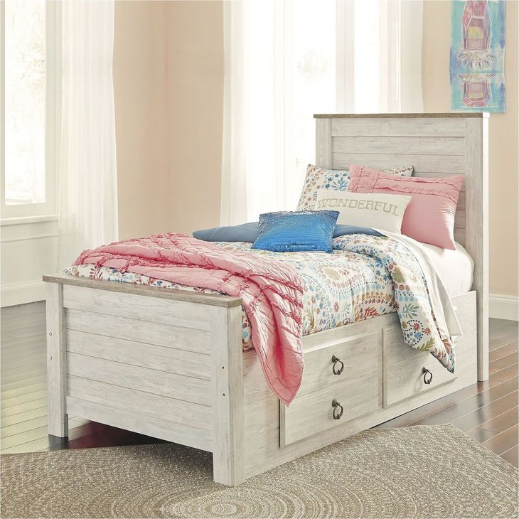 Willowton Whitewash Twin Single Side Under Bed Storage Panel Bed