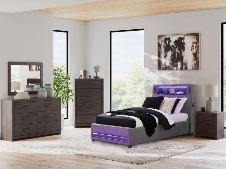 Wronske Gray Twin Upholstered Panel Bed with LED