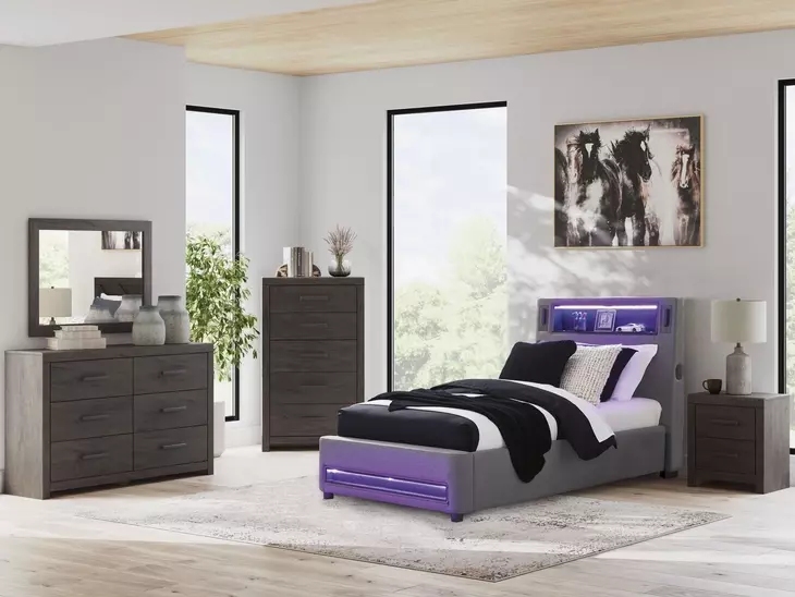 Cayberry Gray Twin Upholstered Panel Bed with LED