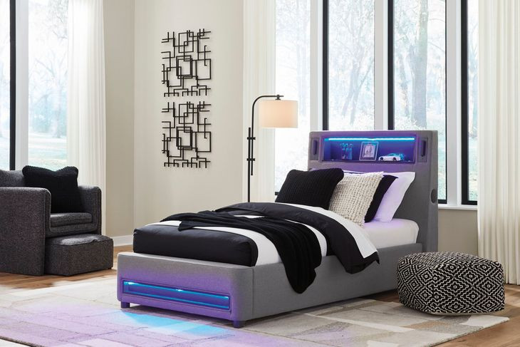 Wronske Gray Twin Upholstered Panel Bed with LED