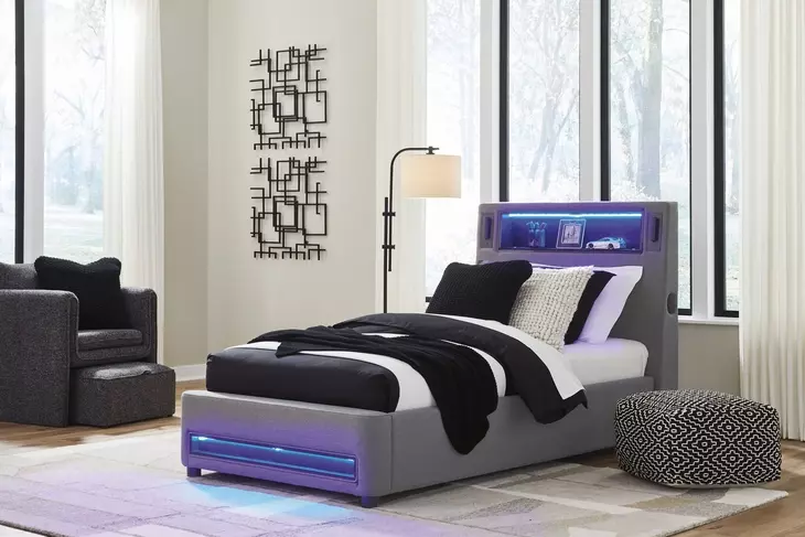 Cayberry Gray Twin Upholstered Panel Bed with LED