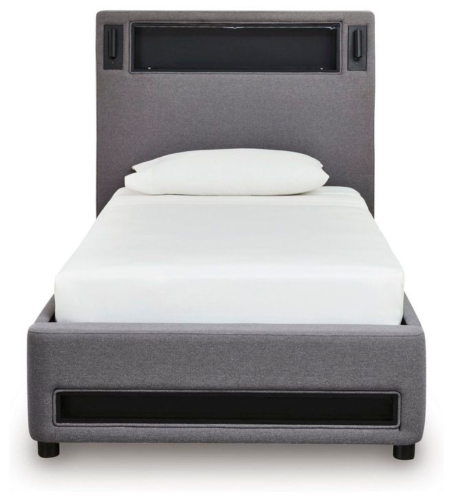 Wronske Gray Twin Upholstered Panel Bed with LED