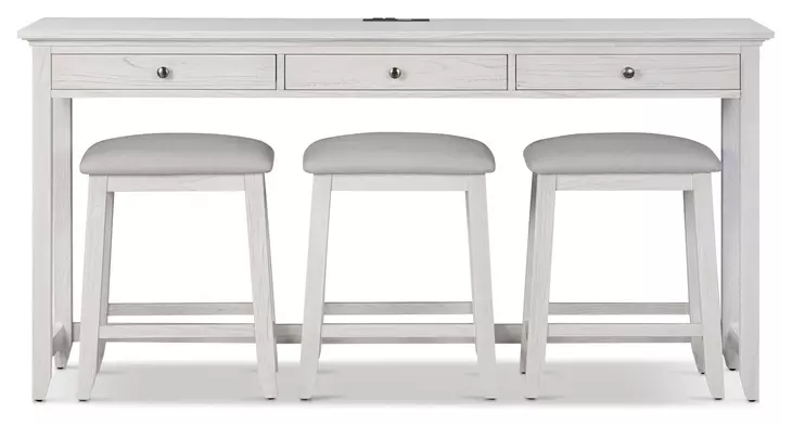 Surfside Weathered White Performance Fabric Upholstered Rectangular Console Table with Stools and USB Charging