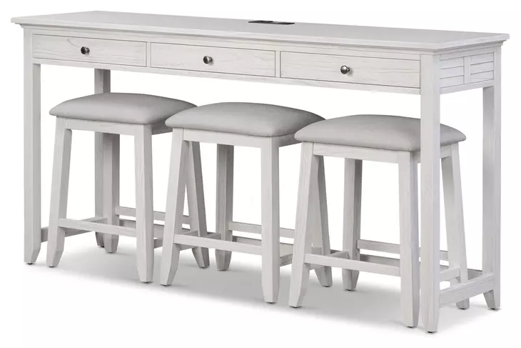 Surfside Weathered White Performance Fabric Upholstered Rectangular Console Table with Stools and USB Charging