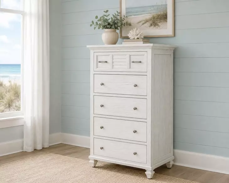 Bay Harbor Distressed White 5 Drawer Chest