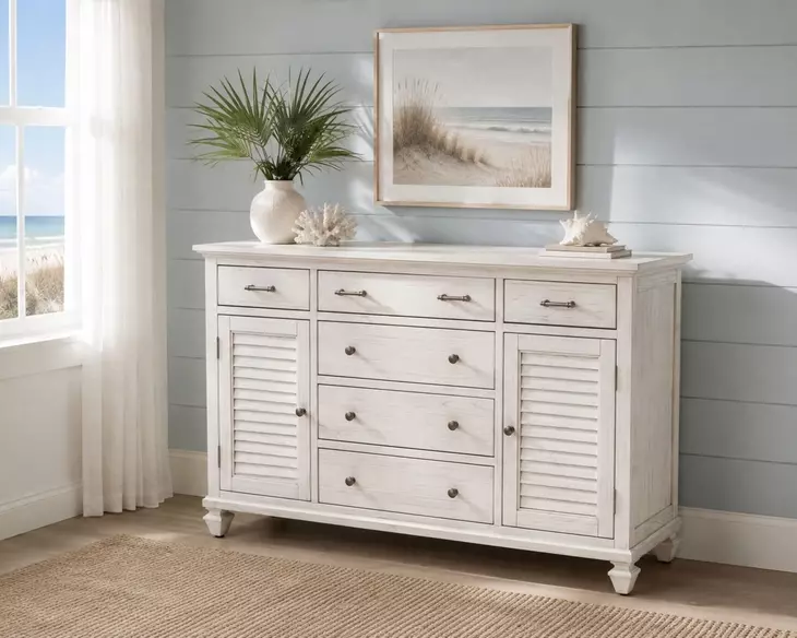 Bay Harbor Distressed White 6 Drawer and 2 Door Dresser