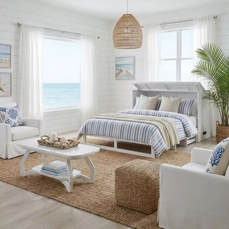 Surfside Weathered White Queen Storage Cabinet Bed with Mattress and USB Charging