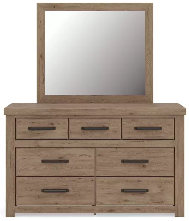 Garistyn Light Brown 6 Drawer Dresser and Rectangular Mirror