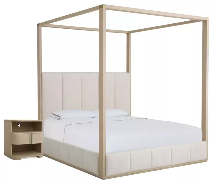 Carino Sand Cerused and Beige King Upholstered Canopy Bedroom Set